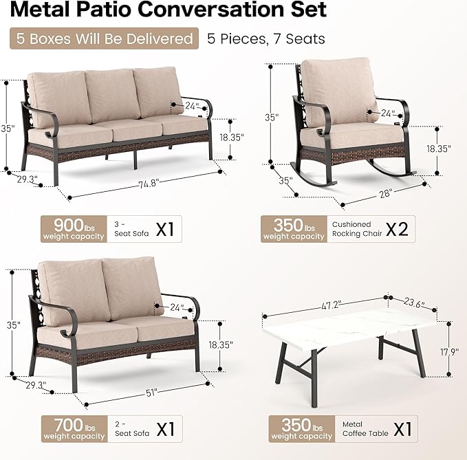 5 Piece Metal Outdoor Patio Furniture Set, Patio Conversation Sets, Outdoor Seating Furniture 3-Seater Sofa, 2 Leg Chair and 2 Swivel Chair with 5.75" Cushion for Backyard Deck, Beige