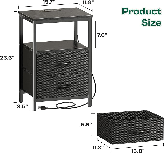Huuger Night Stand with Charger Station and LED Lights, 2 Drawer Nightstand, Bed Side Table with Open Shelf, End Table, Fabric Dresser for Bedroom, Black - Image 3