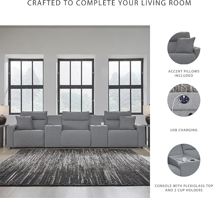 Signature Design by Ashley Modern ModMax II Stain Resistant 5-Piece Power Reclining Sectional with Adjustable Headrest and USB Charging Ports, Gray