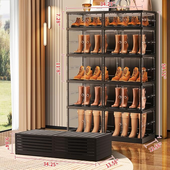 CIMLORD 5-Tier Foldable Shoe Rack for Closet Entryway 10-20Pairs,Stackable Clear Shoe Storage Boxes Organizer with Door Plastic Shoe Cabinet Bins with Lids Shoes Shelf Easy Assembly Large Black - Image 2