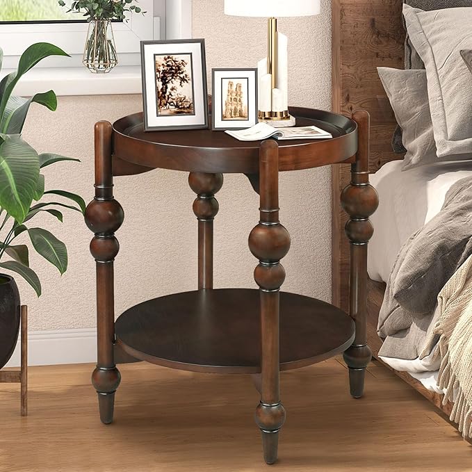 LKTART Nesting End Table for Living Room,Round Solid Wood Frame Nest Side Tables with Storage,Retro Accent Center Table for Small Space Apartment (25''D×24''H-Dark Brown)