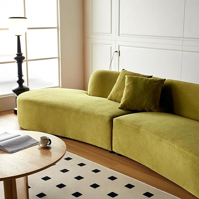 132" Curved Sofa with Throw Pillows, 6 Seater Luxury Velvet Couch with Half Moon Design and High-Density Foam, Ideal for Modern Living Room, Office & Apartment, Olive Green