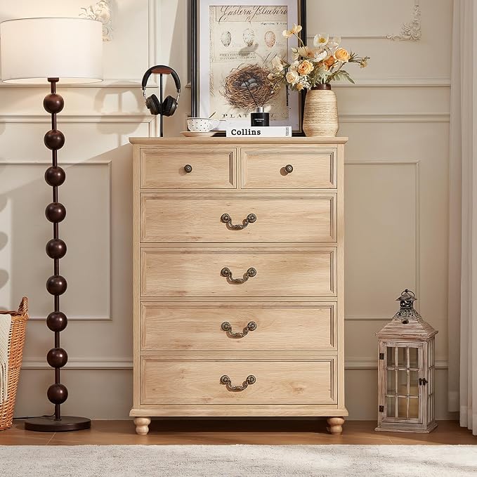 Joaxswe Farmhouse 6 Drawer Dresser Set of 2 for Bedroom, 42" Tall Rustic Chests of Drawers w/ 4 Solid Wood Feet, Mid Century Vintage Wooden Closet Storage Dressers Organizer for Living Room,Natural - Image 7