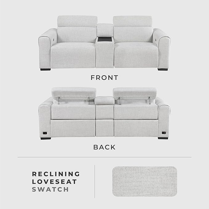 Lexicon Power Reclining Sectional Couches for Living Room-Modular Sectional Sofa, Wall Hugger, 2 Recliner Seats, Console Cup Holders, Power Headrests, Charging Ports, 2 Seater Couch, Chenille Cloud