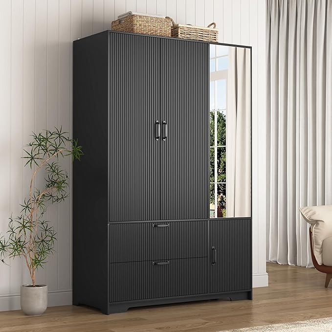 3 Doors Armoire Wardrobe Closet with Mirror Door,Fluted Black Storage Cabinet for Hanging Clothes,Bedroom Large Capacity Freestanding Armoire with Hanging Rod, Adjustable Shelves,and Hooks