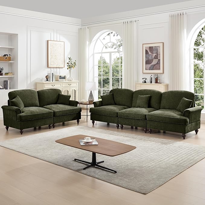 KEIKI Mid Century Modular Sofa with Flared Arms and Skirted Design, 107” Oversized 3-Seater Loveseat Luxury Chenille Sectional Couches Set for Living Room, Soft Sofa and Loveseat Furniture Set, Green