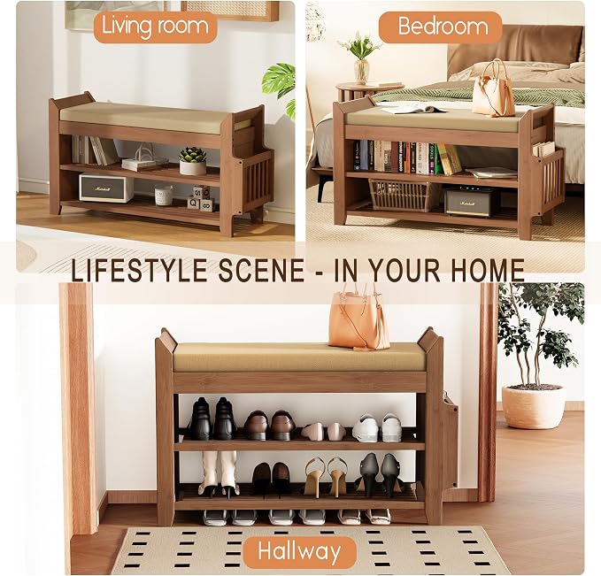 39Inch Bench with Storage, Bamboo Entryway Bench with Drawer & Magazine Rack, Upholstered Cushioned Seat, Shoe Bench for Entryway, Living Room, Bedroom End of Bed (Natural Bamboo) - Image 6