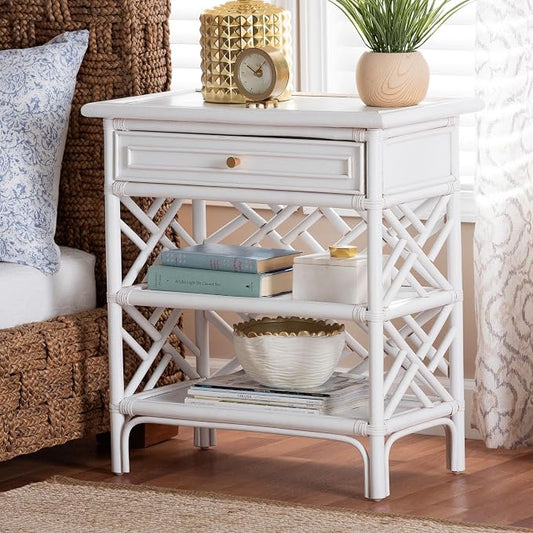 bali & pari Tiaret Natural Rattan Nightstand with Drawer and Shelves – Chippendale-Style Bedside Table for Bedroom or Coastal Living Spaces, White, 1-Drawer, 24-inch Wide by balipari