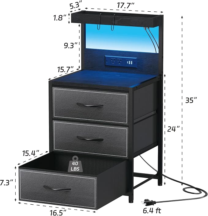 SZLHANJZ LED Nightstand Set of 2, Night Stand with 3 Drawers and Type C Charging Station, Storage End Table with Shelf and Hooks, Large Bedside Table for Dorm Bedroom, Black - Image 3