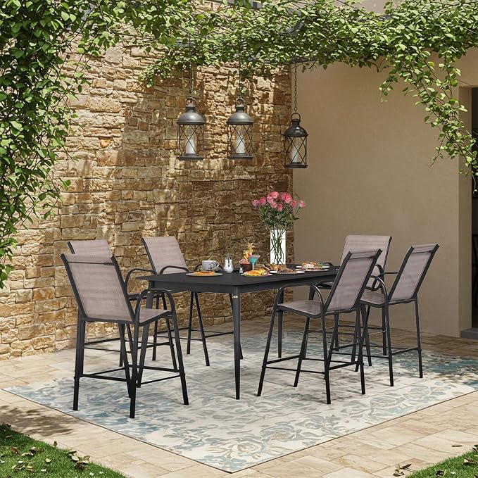 HOMREST Outdoor Bar Height Stools Set of 6,High Back Patio Chairs with Armrests,Textilene Chairs with Breathable Fabric & Metal Frame for All Weather,Taupe - Image 2