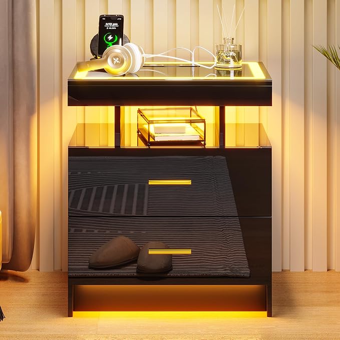 HNEBC LED Nightstand with Charging Station (USB,Type-C Ports) High Gloss Bedside Table with 2 Drawers, Smart Night Stand with Auto Sensor Lights,Modern Bed Side Table for Bedroom (Black) - Image 8