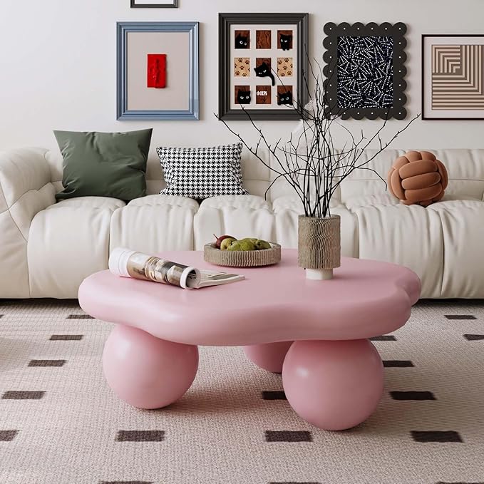 35" Modern Coffee Table Petal Shape Low Center Table Cute Irregular Indoor Tea Table with 3 Ball Legs for Living Room Apartment