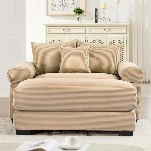 KEIKI 54" Oversized Corduroy Modular Sectional Single Sofa with 1 Ottoman, High-Density Foam Cushions, Extra-Thick Armrests, Modern 1-Seater Lounge Accent Chair with 3 Pillow, for Living Room, Camel