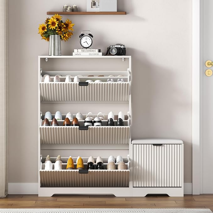 HUANLEGO Shoe Cabinet Storage for Entryway with 4 Flip Drawers, White Fluted Shoe Cabinet with Bench, Wooden Hidden Shoe Rack Freestanding Narrow Slim Shoes Storage Organizer for Hallway, Entrance - Image 3