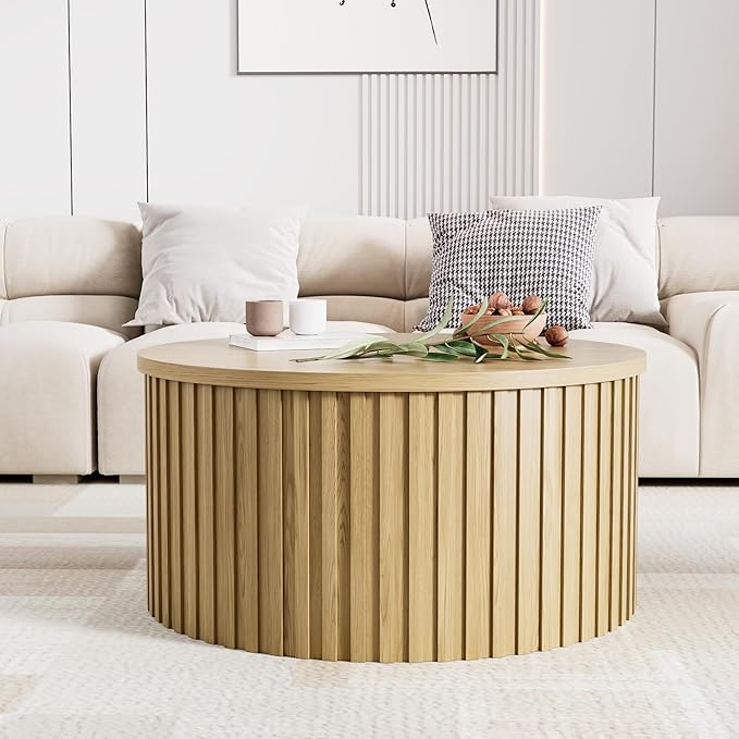 Fluted Lift Top Coffee Table with Storage, 31.5'' Farmhouse Round Coffee Tables for Living Room, Modern Wood Center Tables with Hidden Compartment for Home, Office (Wood Color)