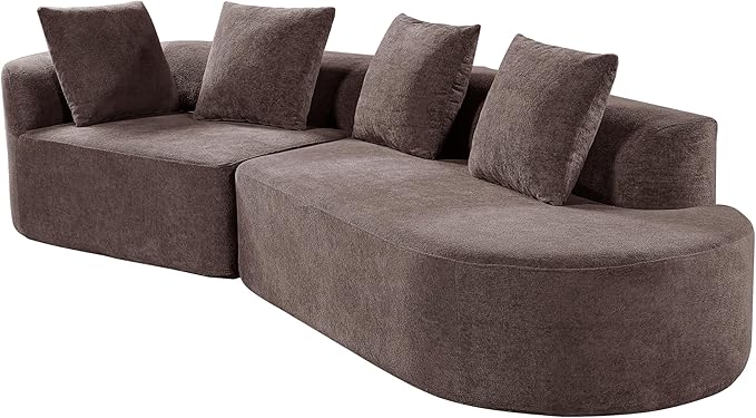 Merax 2-Piece 116" L-Shaped Modular Sectional Sofa Set, 4 Seat Fully Assembled Curved Upholstery Couch with High-Density Compressed Sponge, Chaise Lounge & 4 Pillows for Living Room, Brown