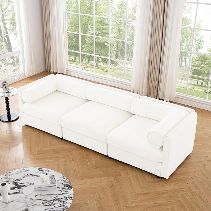 KEIKI 109" Oversized Modular Chenille Sectional Sofa with Storage Seat, Modern Style 3-Seater Couch with Cylindrical Backrest and Armrests, Easy Assembly, for Apartment, Living Room, White