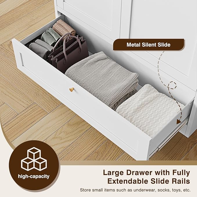 Steel Metal Wardrobe Armoire Closet with Drawer Clothing Locker Storage Cabinet 2 Door Closet Cabinet with Hanging Rod for Home Office Bedroom 72" X 36" X 18" White