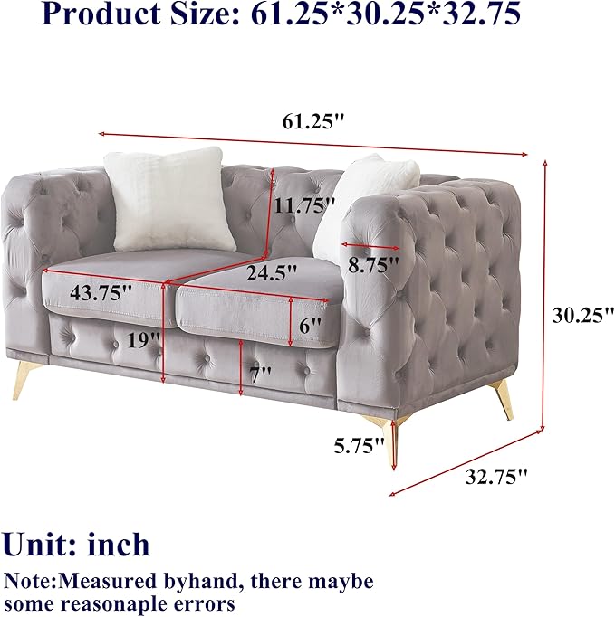 KEIKI 61" Luxury Oversized Velvet Chesterfield Sofa with 2 Pillows, Mid-Century Style 2-Seater Tufted Buttons Couch with High-Density Foam Cushions, Easy Assembly, for Apartment, Living Room, Grey