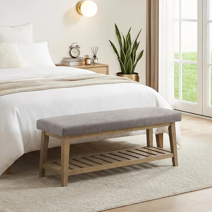 Entryway Bench with Cushion, Upholstered Shoe Rack Bench with Solid Wood Shelf, 44" End of Bed Bench for Bedroom, Chenille Fabric Storage Bench for Entryway, Hallway, Living Room (Grey) - Image 3