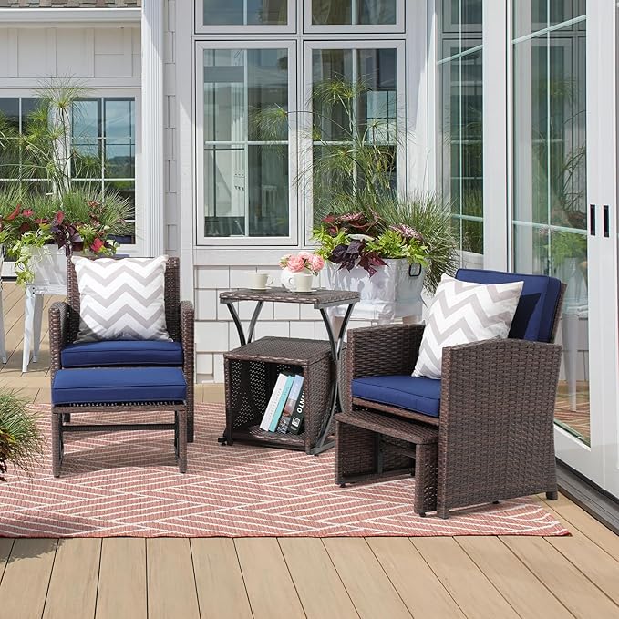 OC Orange-Casual 6 Piece Patio Wicker Furniture Set, Balcony All Weather Rattan Chair, with Space Saving Ottoman, Resin Nesting Coffee Table, Modern Design, Blue