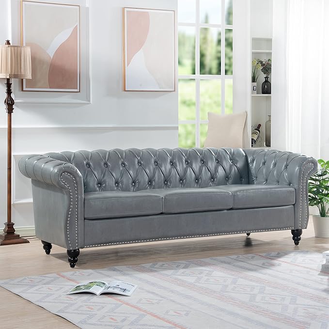 ERYE 84.5-Inch Classic 3 Seat Chesterfield Sofa Couches for Living Room Bedroom, 3 Seaters Button Tufted Faux Leather Upholstered Chesterfield Sofa Couch,Wood Legs | Button Tufted, Easy to Assemble, Nailhead, Removable Cushion