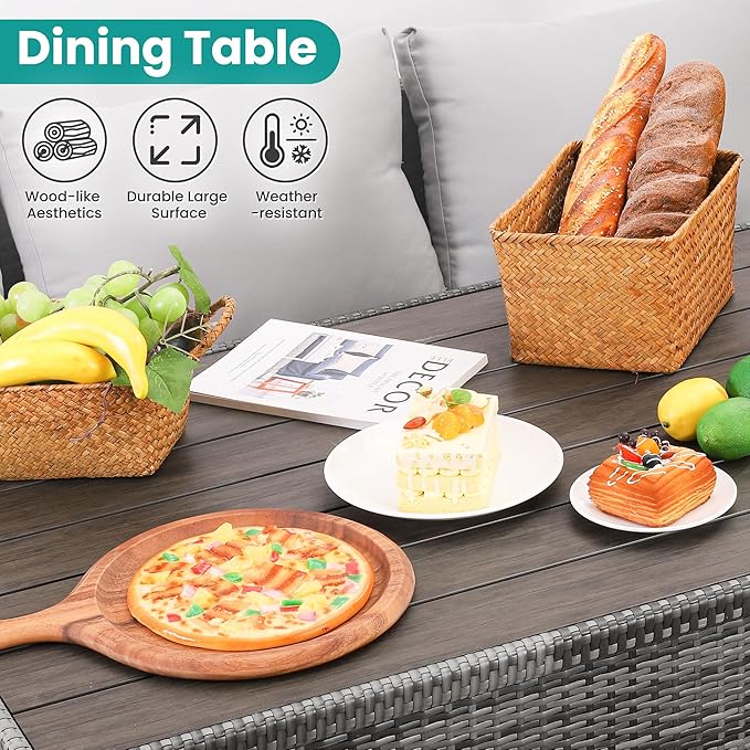 Patio Furniture Set, 7 Pieces Outdoor Patio Furniture with Dining Table&Chair, All Weather Wicker Conversation Set with Ottoman,Grey (Include Sofa Dust Cover)