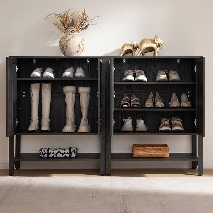 SICOTAS Shoe Storage Cabinet for Entryway - 5 Tier Rattan Entry Shoe Organizer Cabinet with Shelves & Doors, 2 Pieces Farmhouse Boho Tall Shoe Rack for Hallway, Living Room, Closet (Obsidian) - Image 2