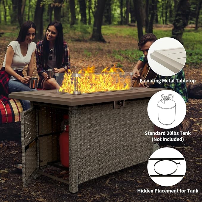 WAROOM Patio Furniture Set 4 Piece Outdoor Wicker Conversation Sets PE Rattan Couch Sectional Sofa with Fire Pit Table, Peacock Blue Cushion