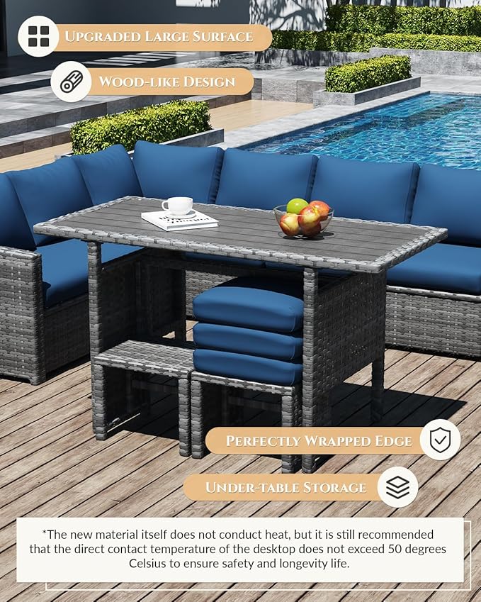 U-MAX 7 Pieces Patio Furniture Set with Waterproof Cover, Outdoor Sectional Sofa Conversation Set, All Weather Wicker Rattan Dining Table & Chair with Ottoman, Grey Rattan&Dark Blue Cushion