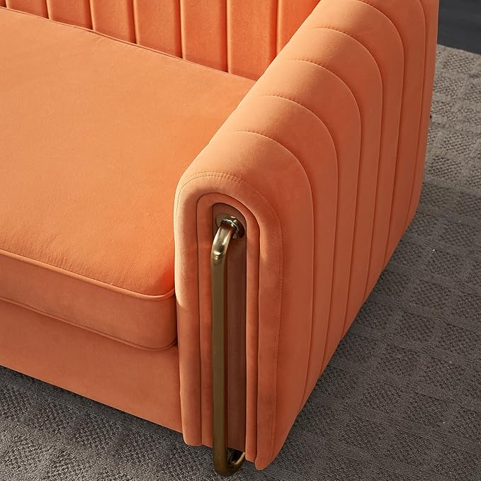 KEIKI 84" Velvet Deep Channel Tufted Sofa with Back Cushions and Rolled Arms, Modern Style 3-Seater Couch with Golden Polished Steel Legs, Easy Assembly, for Living Room, Bedroom, Office, Orange