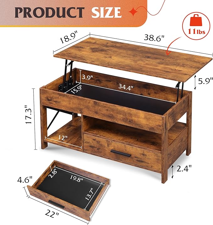 WLIVE Coffee Table, 39" Lift Top Coffee Table with Hidden Compartment, Storage Drawers and Storage Shelf for Living Room, Reception Room, Rustic Brown