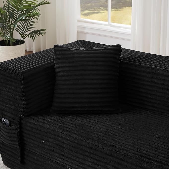 Ball & Cast Modern Upholstered Sofa with 2 Pillows,Boneless Corduroy Couch W/Deep Seat,Convertible Folding Sleeper Sofa Bed for Living Room,Bedroom,Apartment,No Assembly,Black,78"
