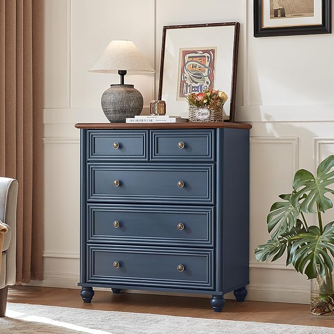RWYHG Farmhouse 5 Drawer Dresser, Blue Rustic Chest of Drawers, 35.5" Tall Small Dressers for Bedroom with Roman Column and Metal Handles,Wood Storage Organizer for Living Room, Hallway, Closet - Image 6