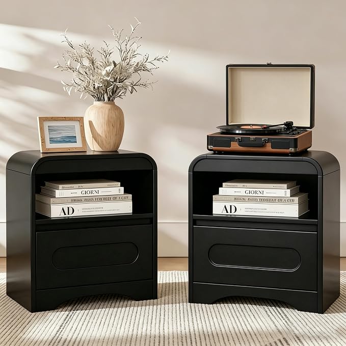 Black Nightstand Set of 2, Modern Night Stand with Drawers, Wood Nightstand, 22" Bedside Side Table with Open Storage, Curved Corners, Hidden Handle, Night Stands End Table for Bedroom Sofa Couch by SOLACEFURNITURE