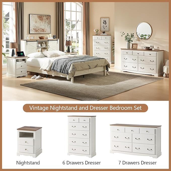 AMERLIFE 5 Piece Bedroom Set, Including Farmhouse King Size Bed Frame with 4 Drawers, 7 Drawer Dresser & 6 Chest of Drawers, 2 Nightstands with Charging Station for Bedroom, White