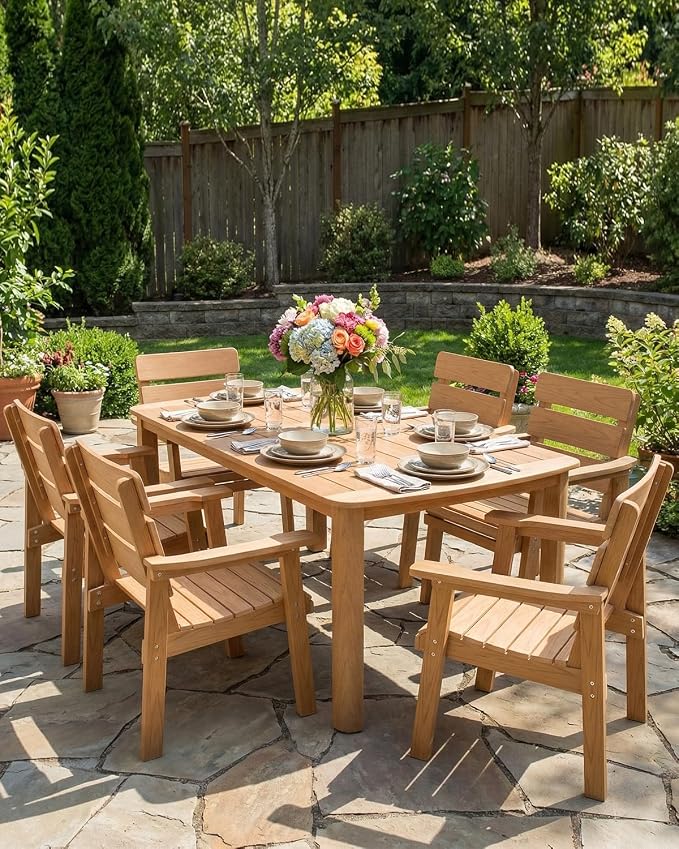 7-Piece Outdoor Dining Set, All-Weather HIPS Patio Table & Chairs for 6, Outdoor Furniture with Umbrella Hole, Ideal for Garden, Poolside, Backyard, Deck, Teak - Image 8