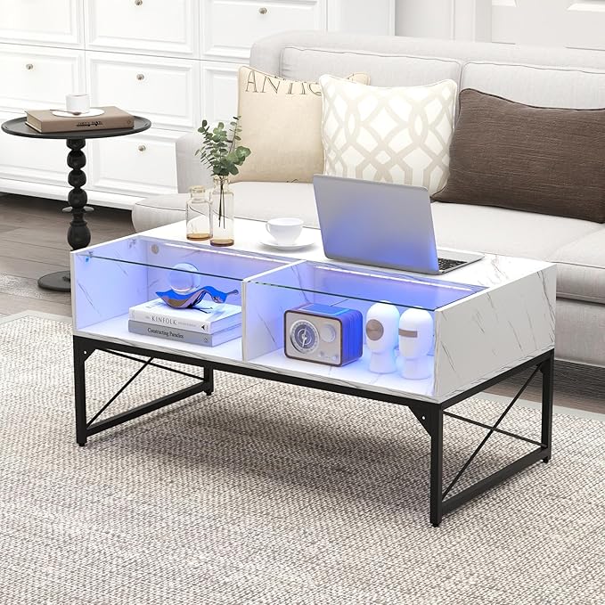 Giantex LED Coffee Table, High Gloss Coffee Tables with 4 Storage Cubes, 20-Color Lights, Remote Control, Faux Marble & Tempered Glass Top, Modern Accent Rectangle Center Table for Living Room (White)