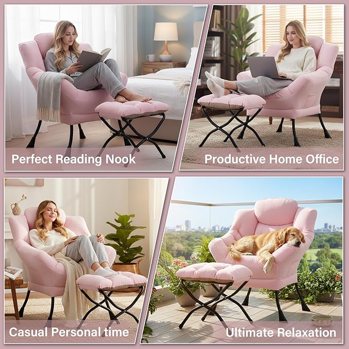 Cozy Lazy Chair with Ottoman, Large Contemporary Accent Peach Pink Chair Set, Leisure Upholstered Reading Armchair for Office, Bedroom, Living Room, Dorm Rooms, Balcony