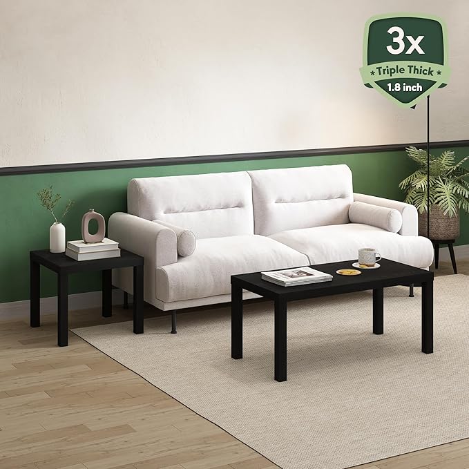 Furinno CLASSIC Coffee Table, Modern Rectangle Coffee Table with 1.8" Triple Thick Tabletop, Side Table, Toolless Assembly, for Living Room, Home Office, Black