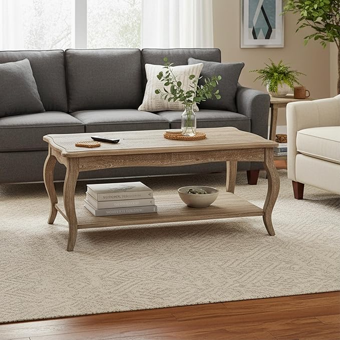 Alaterre Furniture Austerity 42-Inch Rustic Coffee Table with Open Shelf, Curved Legs, and Scalloped Edge - Easy Assembly Reclaimed Wood Living Room Table - Farmhouse Furniture (Driftwood Finish)