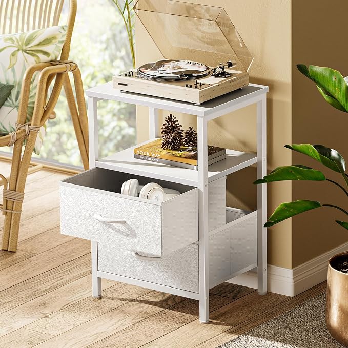 Huuger Night Stand Set of 2, Nightstand with 2 Drawers, Bed Side Table with Open Shelf, Wooden Top, End Table, PU Leather Fabric Drawer Surface, for Bedroom, White - Image 6