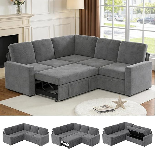 5-Seater Large Sectional Couch with Pull Out Bed, L Shaped Chenille Sofa with Storage, Convertible Modular Sofa, for Living Room, Apartment, Gray
