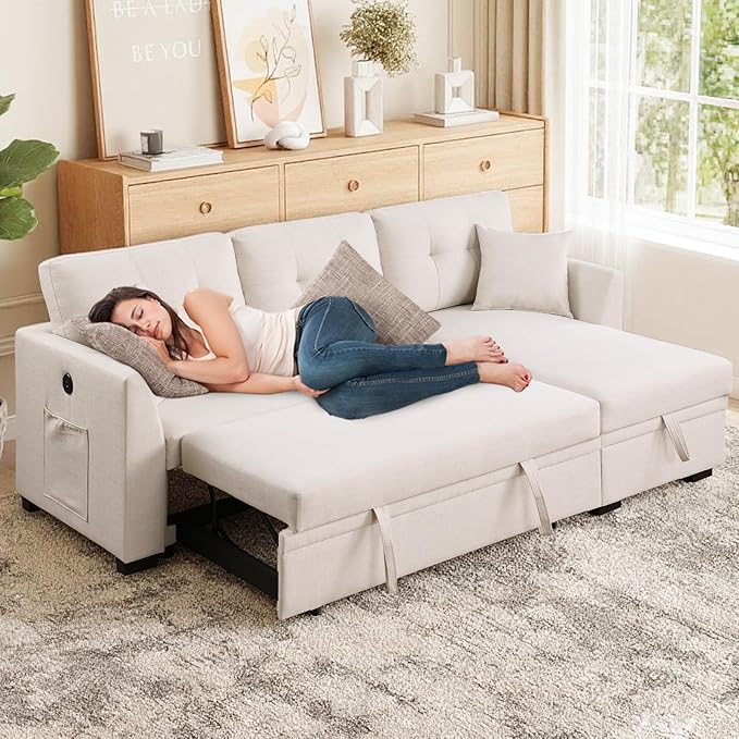 Convertible L-Shape Sofa Bed with Storage Space-Saving, Features Pull-Out Sleeper and Charging Ports for Apartment Living Room and Office, White