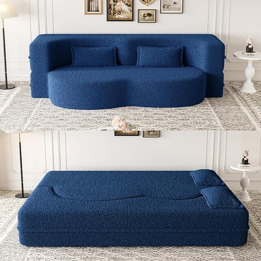 Ball & Cast 78" Floor Sofa Bed with 2 Pillows,Convertible Teddy Fabric Foam-Filled Sleeper Sofa Bed,Pull Out Couch Full Size Folding Mattress for Living Room,Playroom,No Assembly Required,Blue