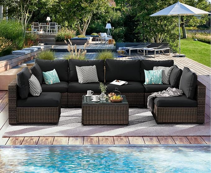 7 Pieces Patio Furniture Set, Rattan Outdoor Sectional Conversation Sets, All Weather Outdoor Furniture Set with Cushions for Garden Lawn Balcony Porch Deck, Black