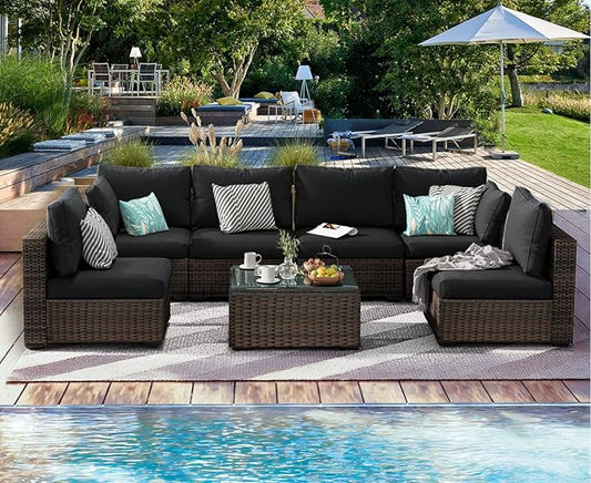 7 Pieces Patio Furniture Set, Rattan Outdoor Sectional Conversation Sets, All Weather Outdoor Furniture Set with Cushions for Garden Lawn Balcony Porch Deck, Black