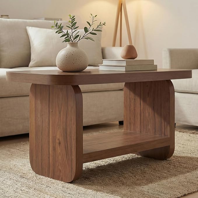 LITTLE TREE Wooden Coffee Table, 47.2" Center Table with Storage, Modern Farmhouse Rectangle Living Room Tables with Rounded Corners for Living Room, Bedroom, Kids Room, Home Office, Brown