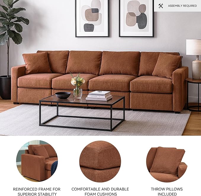 Signature Design by Ashley Modmax Urban Modular Stain Resistant 4-Piece Sofa with Reversible Cushions and 2 Accent Pillows, Orange