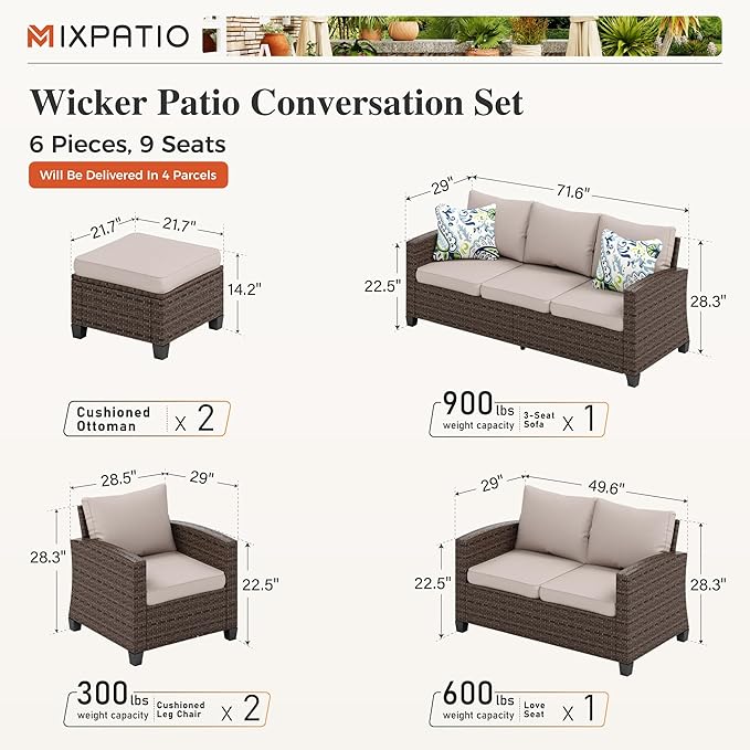 Patio Furniture Set, 6 Pcs Wicker Outdoor Conversation Set, 2 x Leg Chairs, 1 x 3 Seater Sofa, 1 x 2-Seat Lover Sofa and 2 x Ottomans with 4" Thick Cushion for Garden Backyard Deck, Beige